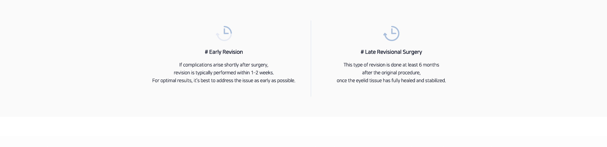 # Early Revision : If complications arise shortly after surgery, revision is typically performed within 1–2 weeks. For optimal results, it’s best to address the issue as early as possible.   # Late Revisional Surgery : This type of revision is done at least 6 months after the original procedure, once the eyelid tissue has fully healed and stabilized.