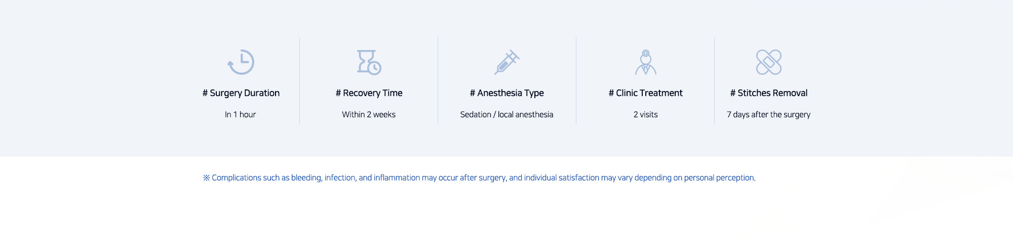 # Surgery Duration : In 1 hour  # Recovery Time : Within 2 weeks  # Anesthesia Type : Sedation / local anesthesia  # Clinic Treatment : 2 visits  # Stitches Removal : 7 days after the surgery  ※ Complications such as bleeding, infection, and inflammation may occur after surgery, and individual satisfaction may vary depending on personal perception.