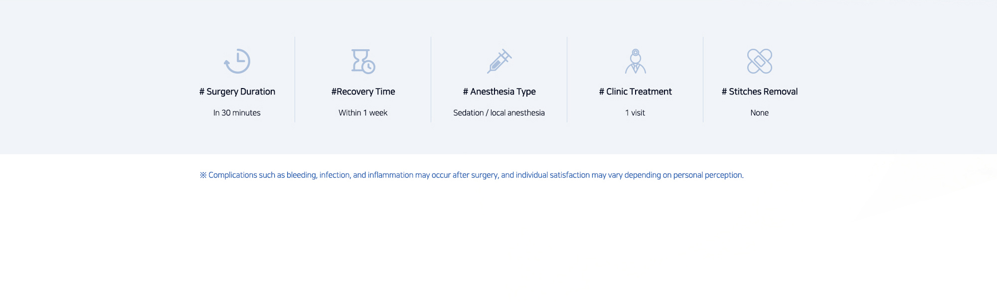 # Surgery Duration :  In 30 minutes  # Recovery Time :  Within 1 week  # Anesthesia Type :  Sedation / local anesthesia  # Clinic Treatment : 1 visit  # Stitches Removal : None