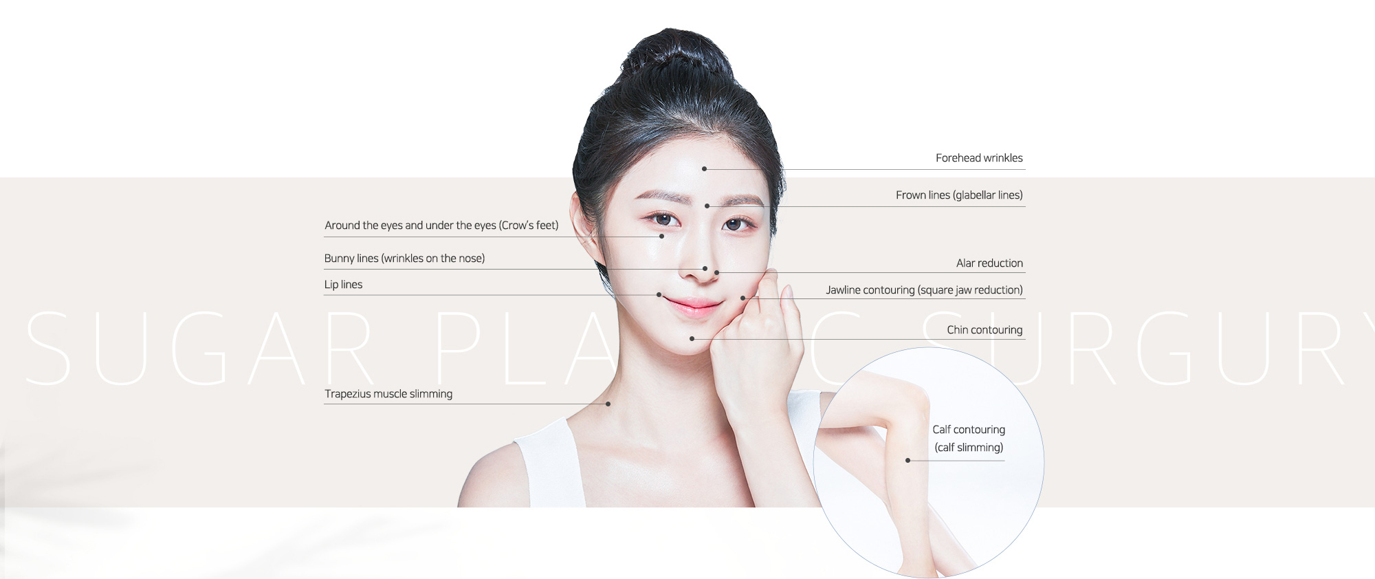 Forehead wrinkles & Frown lines (glabellar lines) & Around the eyes and under the eyes (Crow’s feet) & Bunny lines (wrinkles on the nose) & Lip lines & Alar reduction & Jawline contouring (square jaw reduction) & Chin contouring & Trapezius muscle slimming & Calf contouring (calf slimming)