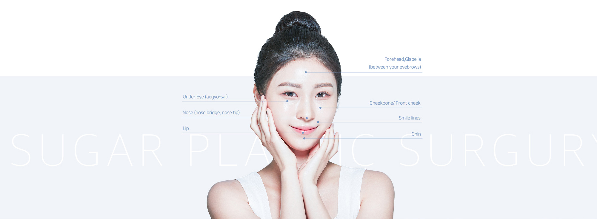Under Eye (aegyo-sal) & Nose (nose bridge, nose tip) & Lip & Forehead,Glabella (between your eyebrows) & Cheekbone/ Front cheek & Smile lines & Chin