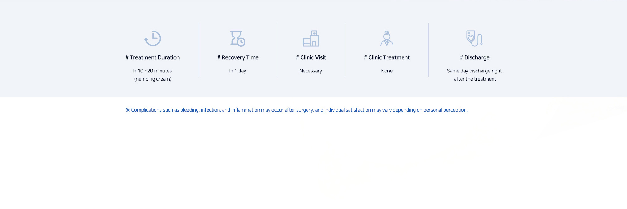 # Treatment Duration : In 10 ~20 minutes (numbing cream)   # Recovery Time : In 1 day   # Clinic Visit : Necessary    # Clinic Treatment : None   # Discharge : Same day discharge right after the treatment   ※ Complications such as bleeding, infection, and inflammation may occur after surgery, and individual satisfaction may vary depending on personal perception. 