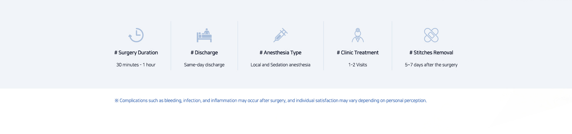 # Surgery Duration : 30 minutes - 1 hour   # Discharge : Same-day discharge   # Anesthesia Type : Local and Sedation anesthesia   # Clinic Treatment : 1-2 Visits   # Stitches Removal : 5~7 days after the surgery   ※ Complications such as bleeding, infection, and inflammation may occur after surgery, and individual satisfaction may vary depending on personal perception.