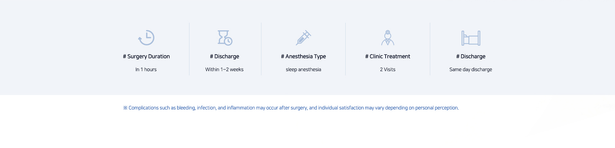 # Surgery Duration : In 1 hours   # Discharge : Within 1~2 weeks   # Anesthesia Type : sedation anesthesia   # Clinic Treatment : 2 Visits   # Discharge : Same day discharge   ※ Complications such as bleeding, infection, and inflammation may occur after surgery, and individual satisfaction may vary depending on personal perception. 