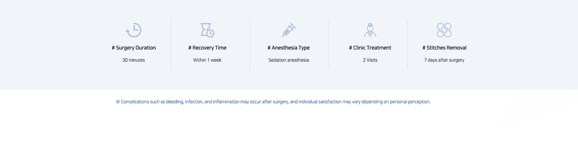 # Surgery Duration : 30 minutes   # Recovery Time : Within 1 week   # Anesthesia Type : Sedation anesthesia   # Clinic Treatment : 2 Visits   # Stitches Removal : 7 days after surgery   ※ Complications such as bleeding, infection, and inflammation may occur after surgery, and individual satisfaction may vary depending on personal perception.