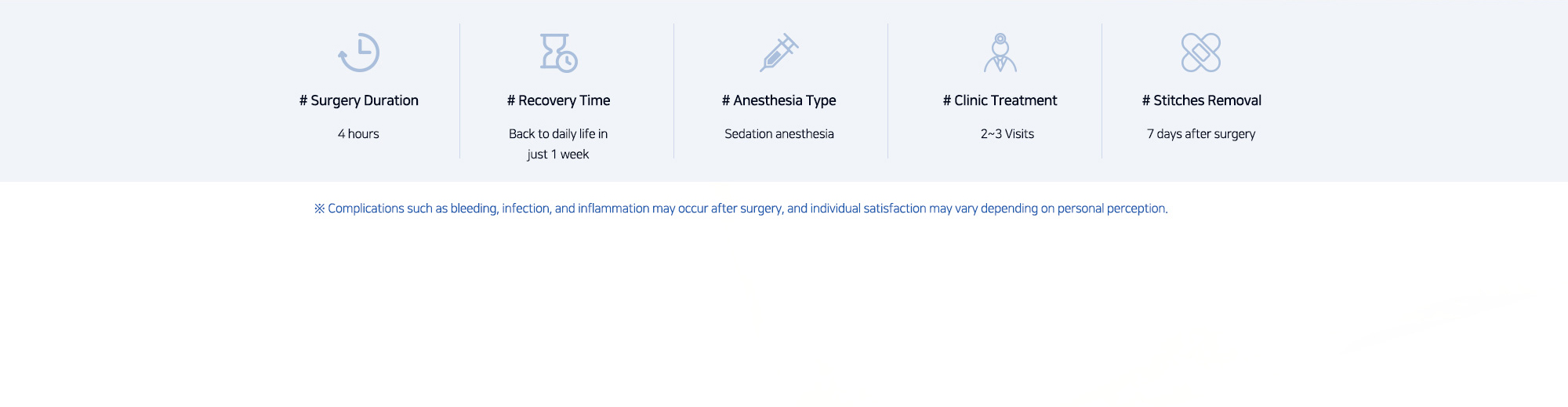 # Surgery Duration : 4 hours   # Recovery Time : Back to daily life in just 1 week   # Anesthesia Type : Sedation anesthesia   # Clinic Treatment : 2~3 Visits   # Stitches Removal : 7 days after surgery   ※ Complications such as bleeding, infection, and inflammation may occur after surgery, and individual satisfaction may vary depending on personal perception.