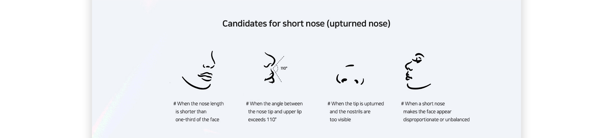[Candidates for short nose (upturned nose)] # When the nose length is shorter than one-third of the face # When the angle between the nose tip and upper lip exceeds 110° # When the tip is upturned and the nostrils are too visible # When a short nose makes the face appear disproportionate or unbalanced