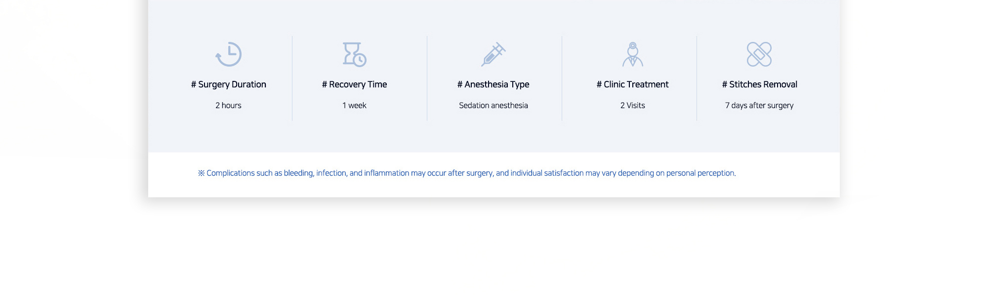 [Short Nose Rhinoplasty- Key Information] # Surgery Duration : 2 hours / # Recovery Time : 1 week / # Anesthesia Type :  Sedation anesthesia / # Clinic Treatment : 2 Visits / # Stitches Removal :  7 days after surgery
