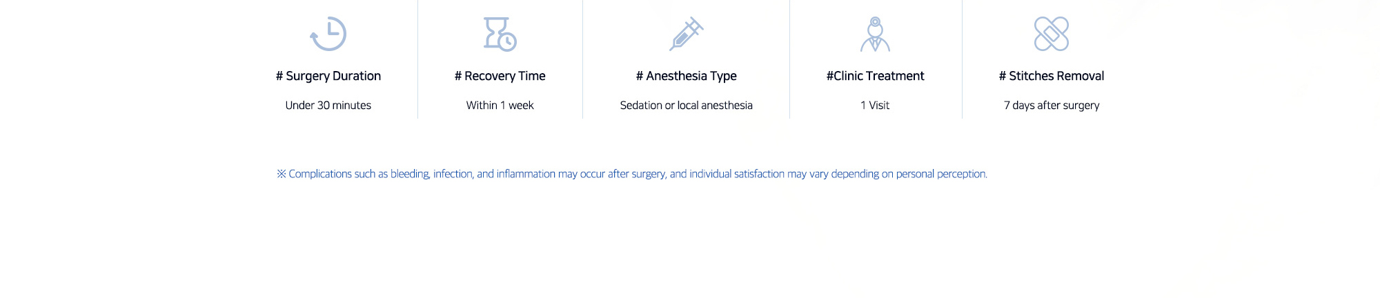 # Surgery Duration : Under 30 minutes   # Recovery Time : Within 1 week   # Anesthesia Type : Sedation or local anesthesia   # Clinic Treatment : 1 Visit   # Stitches Removal : 7 days after surgery   ※ Complications such as bleeding, infection, and inflammation may occur after surgery, and individual satisfaction may vary depending on personal perception.