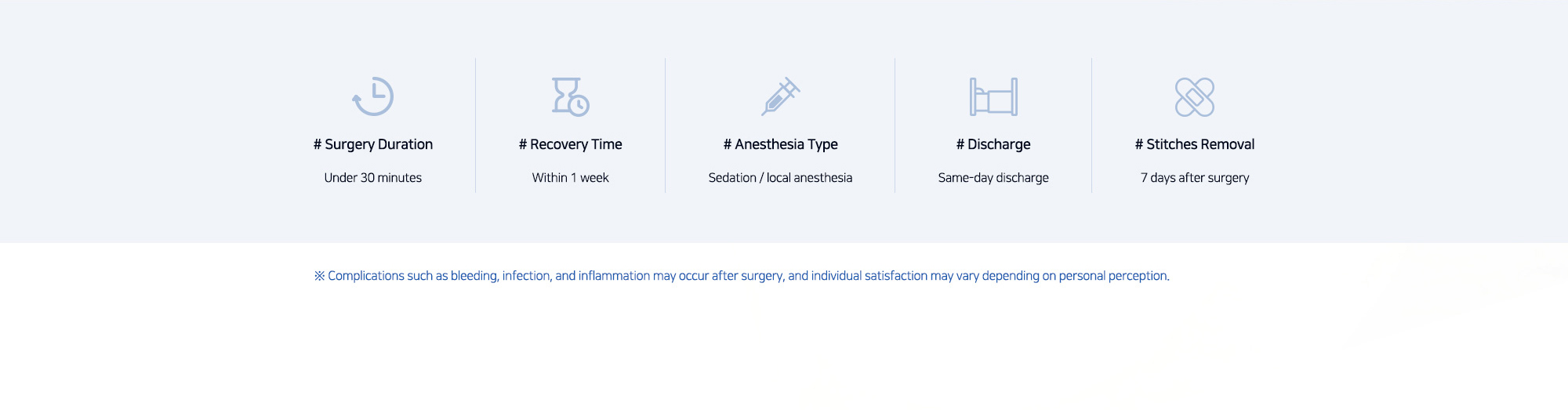 # Surgery Duration : Under 30 minutes   # Recovery Time : Within 1 week   # Anesthesia Type : Sedation / local anesthesia   # Discharge : Same-day discharge   # Stitches Removal : 7 days after surgery   ※ Complications such as bleeding, infection, and inflammation may occur after surgery, and individual satisfaction may vary depending on personal perception.