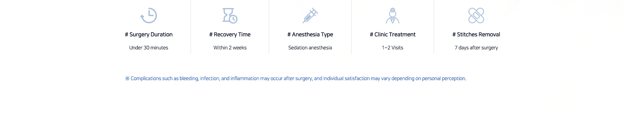 # Surgery Duration : Under 30 minutes   # Recovery Time : Within 2 weeks   # Anesthesia Type : Sedation anesthesia   # Clinic Treatment : 1~2 Visits   # Stitches Removal : 7 days after surgery   ※ Complications such as bleeding, infection, and inflammation may occur after surgery, and individual satisfaction may vary depending on personal perception.
